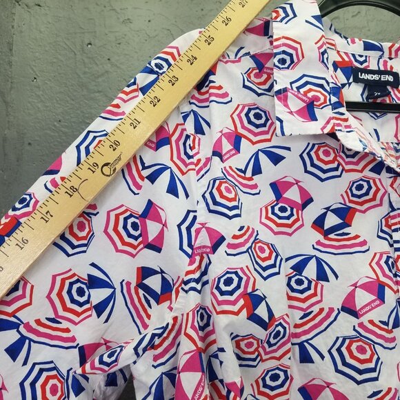 Lands End Button Up Shirt Women 2X 20-22 Cotton Roll Tab Sleeve Umbrella Print - Picture 13 of 15
